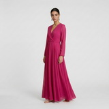 Vibrant Fuchsia Long-Sleeved Maxi - Bold Wrap-Front Evening Gown
