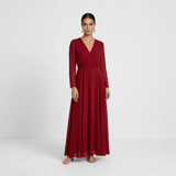 Deep Burgundy Long-Sleeved Maxi Gown - Sophisticated Wrap-Front Formal Dress