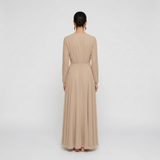 Timeless Champagne Long-Sleeved Maxi Gown - Elegant Wrap-Front Formal Dress