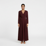 Midnight Burgundy Long-Sleeved Maxi Gown - Elegant Wrap-Front Evening Dress