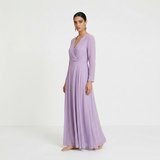 Ethereal Lavender Wrap-Front Maxi Gown - Sophisticated Long-Sleeved Chiffon Dress