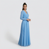 Heavenly Sky Blue Long-Sleeved Maxi Gown - Dreamy Wrap-Front Chiffon Dress