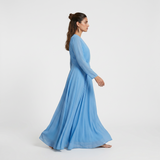 Heavenly Sky Blue Long-Sleeved Maxi Gown - Dreamy Wrap-Front Chiffon Dress