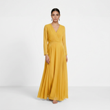 Golden Ochre Long-Sleeved Maxi Gown - Sophisticated Wrap-Front Formal Dress