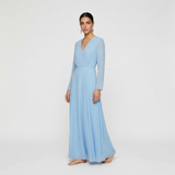 Serene Azure Long-Sleeved Maxi Gown - Elegant Wrap-Front Formal Dress